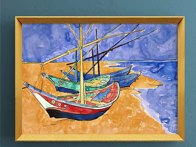 Landscape Painting of Colorful Boats on Beach with Blue Ocean and Sky in Golden Frame 3d model