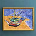 Landscape Painting of Colorful Boats on Beach with Blue Ocean and Sky in Golden Frame