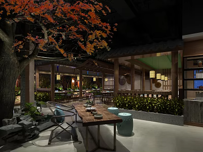 Outdoor Restaurant With Large Tree Orange Red Leaves Wooden Tables Chairs Lanterns and Green Plants 3d model
