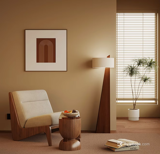 Beige Single Sofa With Wooden Frame Small Side Table Decorative Painting Floor Lamp And Potted Plant 3d model 