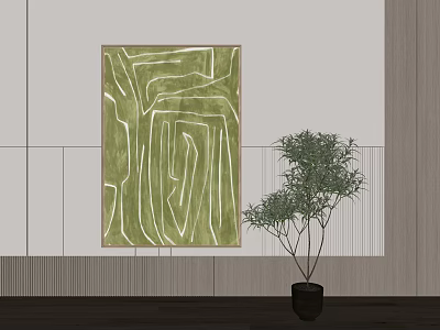 Abstract Green And White Line Painting With Potted Plant On Gray Wall Wooden Decor 3d model