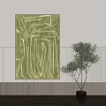 Abstract Green And White Line Painting With Potted Plant On Gray Wall Wooden Decor