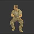 Man Sitting On Chair In Gray T Shirt And Gray Overalls With Red Details Beige Shoes On Gray Gradient Background