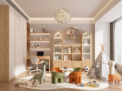 Modern Playroom With Toys Shelves And Cozy Decor 3d model