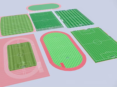 Different Shaped Soccer Fields With Green Grass And Red Borders Design 3d model