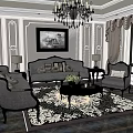 Classic Sofa and Coffee Table Set with Chandelier Decorative Rug Table Lamps and Wall Art