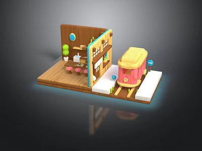 Miniature Wooden Building With Pink Tram And Steps On Wooden Floor 3d model