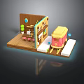 Miniature Wooden Building With Pink Tram And Steps On Wooden Floor