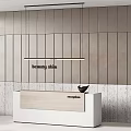Beauty Skin Reception Desk With White Wooden Surface And Grey Panel Wall Pendant Lights