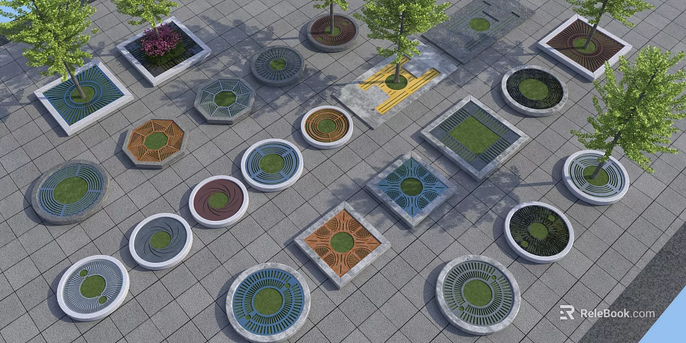 Various Shaped Tree Planters With Circular Square Hexagonal Designs On Paved Ground 3d model 
