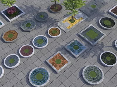 Various Shaped Tree Planters With Circular Square Hexagonal Designs On Paved Ground 3d model