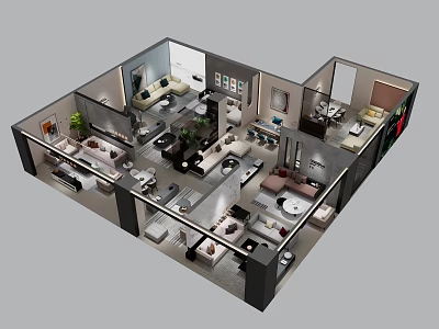 Birds Eye View Of Modern Apartment Interior Design With Multiple Rooms And Furniture Arrangement 3d model