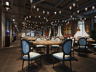 Elegant Restaurant Interior With Chandeliers Dining Tables And Patterned Blue Cushion Chairs 3d model