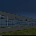 Modern Industrial Factory Building With Glass Walls Multiple Windows Road Grass And Red Truck