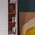 Modern TV Cabinet with White Pink Teal Design Open Shelves Books and Decorative Sculptures