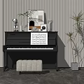 Black Piano And Picture Frames With Sheet Music Stool On Striped Wall And Marble Floor