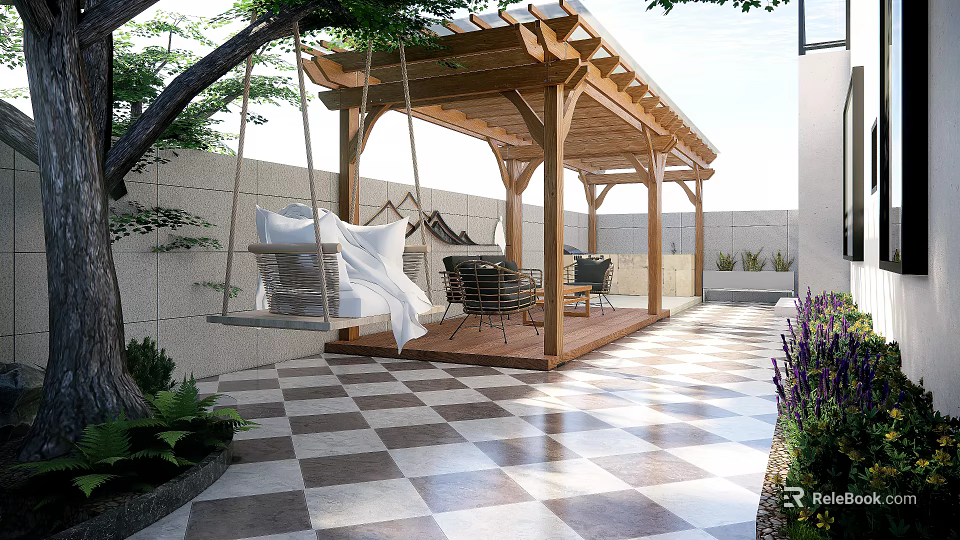 Serene Garden Landscape With Wooden Pergola Swing Checkerboard Tiles Green Plants And Chairs 3d model 
