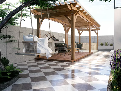 Serene Garden Landscape With Wooden Pergola Swing Checkerboard Tiles Green Plants And Chairs 3d model