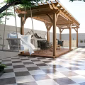 Serene Garden Landscape With Wooden Pergola Swing Checkerboard Tiles Green Plants And Chairs