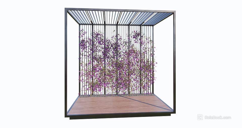 Modern Pergola with Black Metal Frame Latticed Roof Wooden Floor and Purple Vines 3d model 