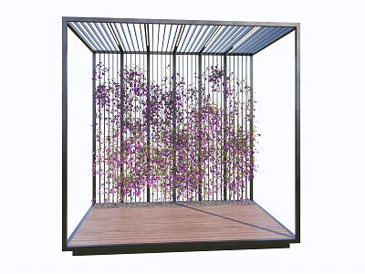 Modern Pergola with Black Metal Frame Latticed Roof Wooden Floor and Purple Vines 3d model