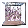 Modern Pergola with Black Metal Frame Latticed Roof Wooden Floor and Purple Vines