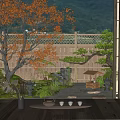 Rockery Stones In Japanese Garden With Wooden Sliding Doors Mountain View Orange Leaf Tree And Pine Bonsai