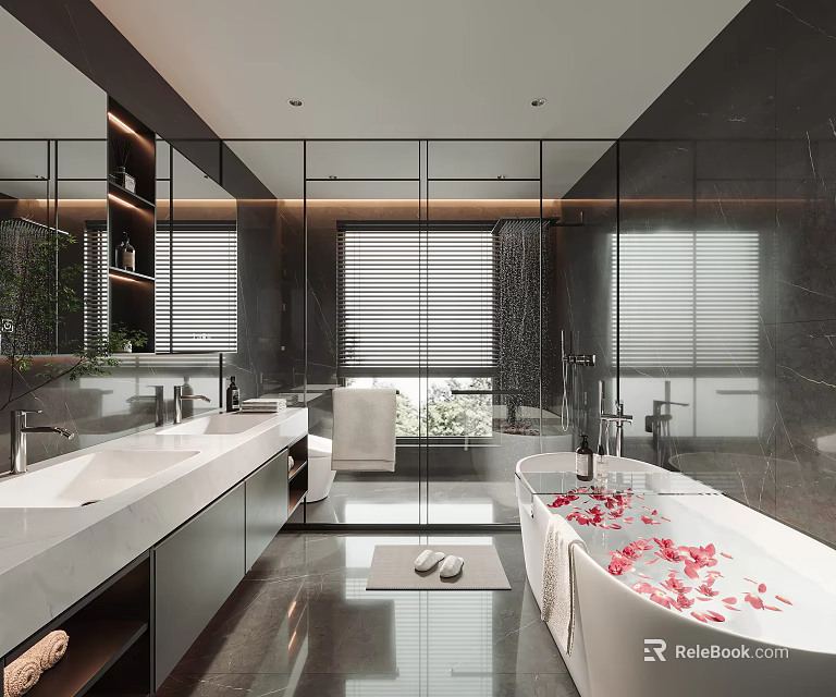 Modern Bathroom With Marble Double Sinks Large Mirrors And Bathtub With Rose Petals 3d model 
