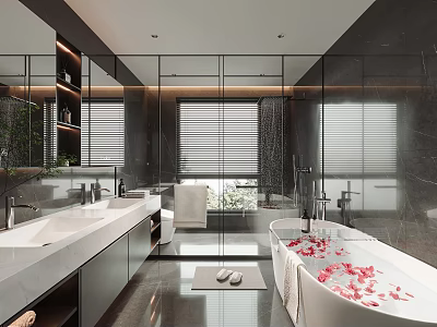 Modern Bathroom With Marble Double Sinks Large Mirrors And Bathtub With Rose Petals 3d model