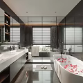 Modern Bathroom With Marble Double Sinks Large Mirrors And Bathtub With Rose Petals