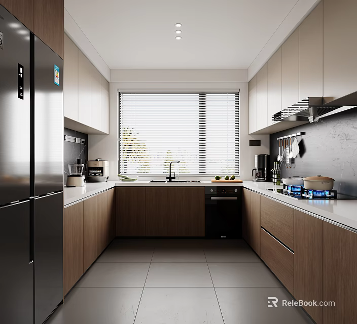 Modern Kitchen Interior Design With Cabinets Stainless Steel Appliances And Window Blinds 3d model 