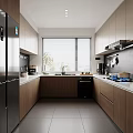 Modern Kitchen Interior Design With Cabinets Stainless Steel Appliances And Window Blinds