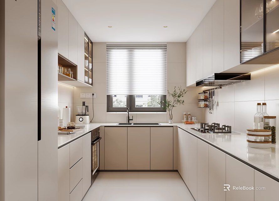 Modern Kitchen Interior Design With White Cabinets Window Blinds Countertop Appliances And Potted Plant 3d model 