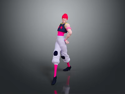 Man with red hair black top pink pants and black patches standing on gray background 3d model