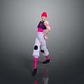 Man with red hair black top pink pants and black patches standing on gray background