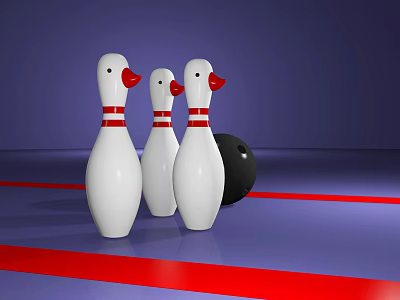 Bowling Alley With Three White Pins Red Stripes Black Ball Purple Background Red Blue Lines 3d model