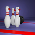 Bowling Alley With Three White Pins Red Stripes Black Ball Purple Background Red Blue Lines