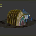 Rustic Dome Shaped Building with Yellow Brown Roof Arched Blue Door and Light Walls