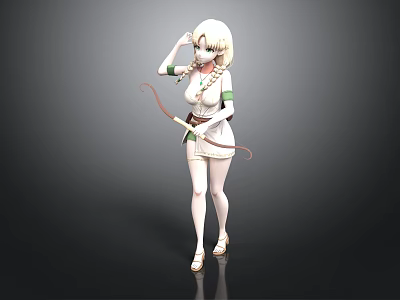 3D Blonde Female Character In White Green Outfit Holding Bow And Arrow Dark Background 3d model