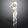 3D Blonde Female Character In White Green Outfit Holding Bow And Arrow Dark Background