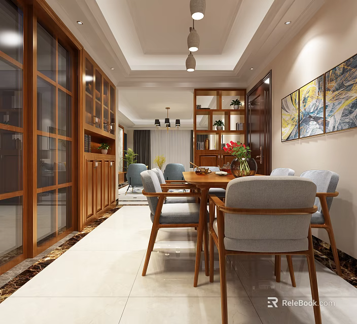 Modern Dining Room With Wooden Framed Glass Doors Gray Chairs Pendant Lights And Wall Painting 3d model 