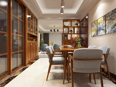 Modern Dining Room With Wooden Framed Glass Doors Gray Chairs Pendant Lights And Wall Painting 3d model