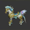 Mythical Fantasy Horse With Blue Mane Tail White Body Golden Armor And Colorful Saddle