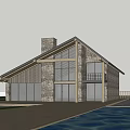 Single Family House Exterior Architecture With Stone Wood Structure Chimney Glass Windows And Garden