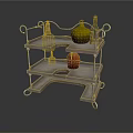 Three Tier Wooden Serving Cart With Metal Frame And Colorful Vases On Wheels