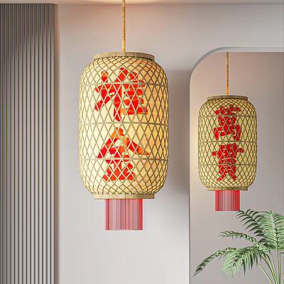 Traditional Chinese Lanterns with Bamboo Frame Red Characters and Hanging Tassels in Indoor Setting 3d model