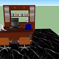 Wooden Office Desk Setup With Black Leather Chair Laptop And Bookshelf On Marble Carpet