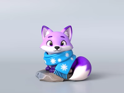 Cute Purple Fox Plush Toy Wearing Blue Snowflake Pattern Scarf Sitting On Rock 3d model