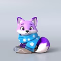 Cute Purple Fox Plush Toy Wearing Blue Snowflake Pattern Scarf Sitting On Rock