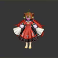 Anime Style Game Movie Character With Red Long Hair Horns Red Dress White Sleeves Black Skirt